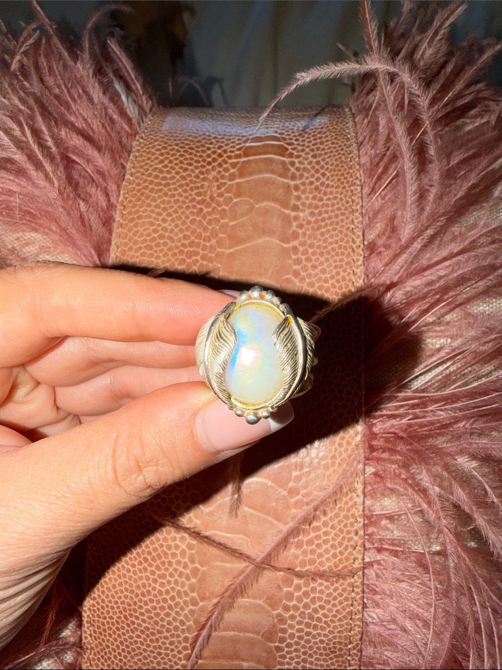 Opal Cabochon Leaf-Accent Statement Ring - Gold